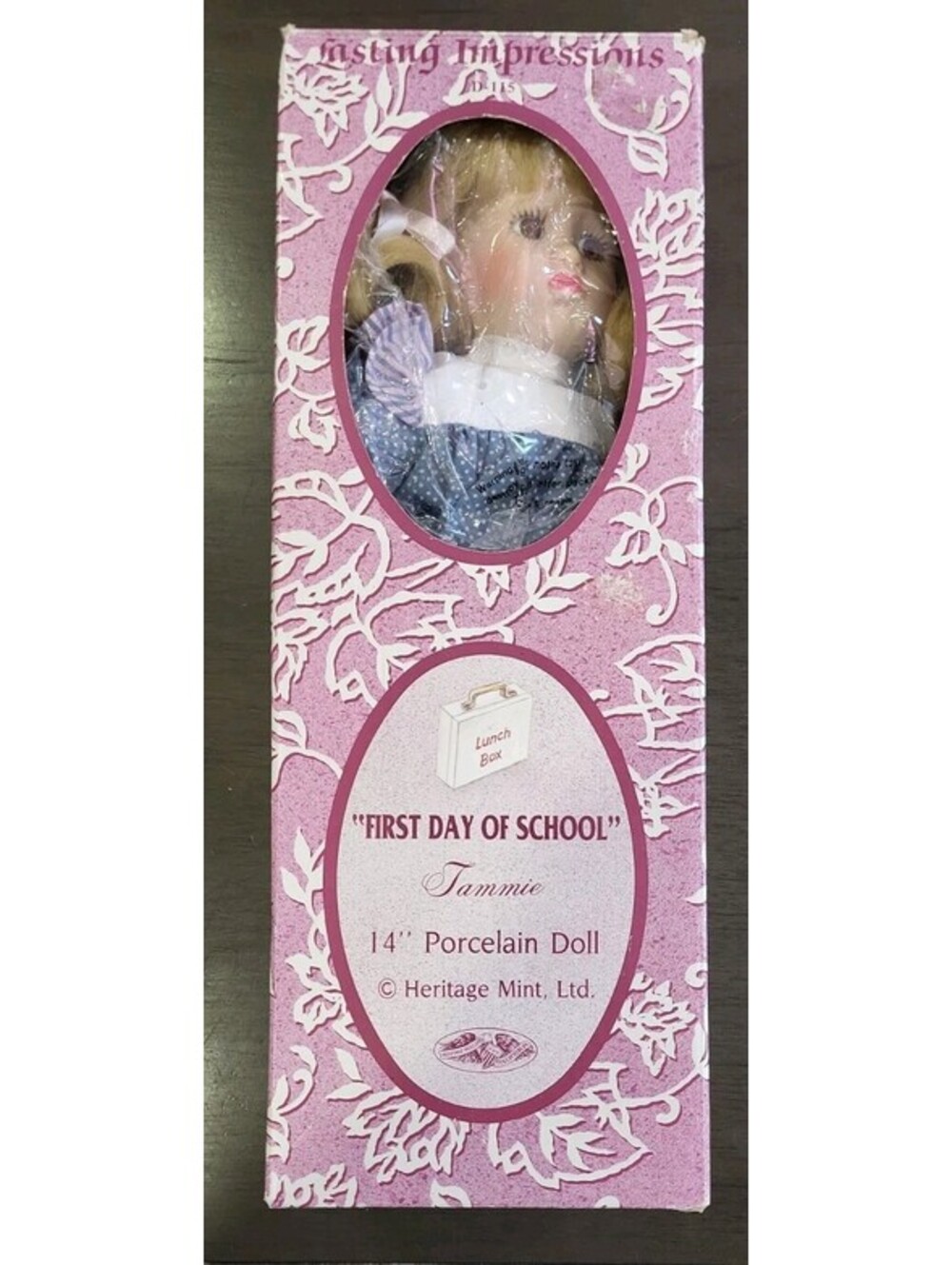 First Day of School 14" Porcelain Doll Tammie Heritage Mint, Box, Lunchbox